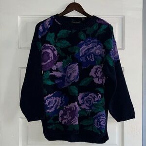 Vintage Floral Knit Sweater - Black and Purple